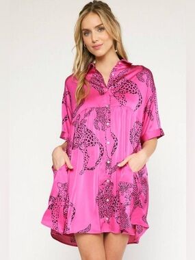 Entro Satin Hot Pink Animal Print Short Sleeve Babydoll Shirt Dress M Oversized